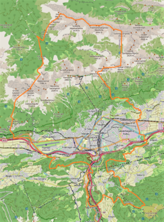 Mapa konturowa Innsbrucku, w centrum znajduje się punkt z opisem „Ogród zoologiczny w Innsbrucku”