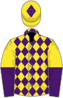 Yellow and purple diamonds, halved sleeves, diamond on cap