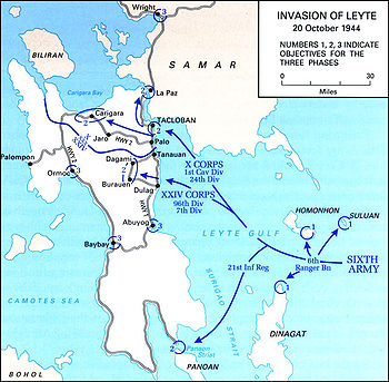 A map of an island with an attacking 6th Army force landing on its eastern edge via Leyte Gulf