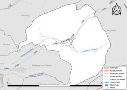 Carte en couleur présentant le réseau hydrographique de la commune