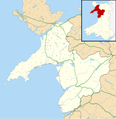 Mapa konturowa Gwynedd, w centrum znajduje się punkt z opisem „Harlech”