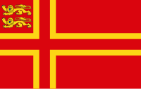 Drapeau normand à croix nordique, surnommé Croix de saint Olaf, adopté par la ville natale de Guillaume le Conquérant et rappelant ses origines scandinaves.