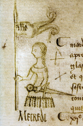 Joan in dress facing left in profile, holding banner in right hand and sheathed sword in the left hand.