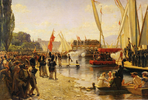 Peinture de 1880 montrant l'arrivée des troupes suisses à Genève le 1er juin 1814 (Genève).