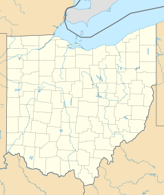 Mapa konturowa Ohio, u góry po prawej znajduje się punkt z opisem „Cleveland”