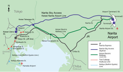 Rail routes to Narita Airport and connections in Tokyo