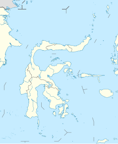 Mapa konturowa Celebesu, na dole po lewej znajduje się punkt z opisem „Makasar”