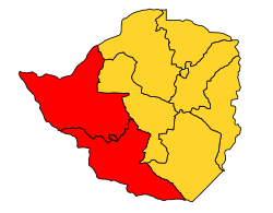 Map of Zimbabwe with Matabeleland highlighted