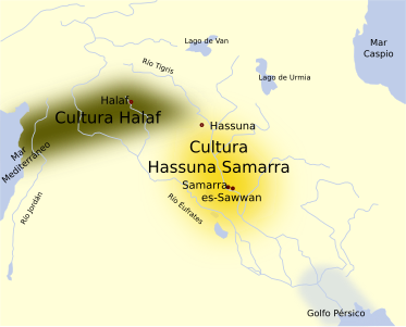 Localització aproximada de les cultures hassuna-samarra i cultura d'Halaf durant el denominat període 6[Nota 1]