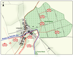 Colour map image depicting town and wood to the right of the town. Shows main access routes and positions of Allied and German forces on 14 July 1916