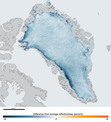 Changement d'albédo au Groenland (observations de 2011) : l'albedo à fortement diminué en 2013 sur la côte ouest du Groenland