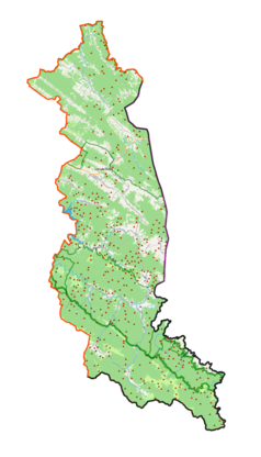 Mapa konturowa powiatu bieszczadzkiego, u góry znajduje się punkt z opisem „Liskowate”