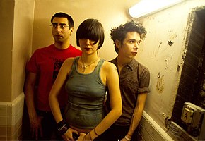 Yeah Yeah Yeahs in 2002. From left to right: Brian Chase, Karen O and Nick Zinner.