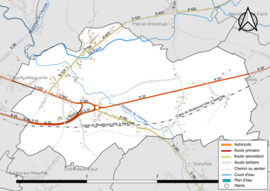 Carte en couleur présentant le réseau hydrographique de la commune