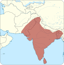 Map of South Asia showing highlighted range covering almost all of India and portions of adjoining countries