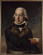 Painting of a man in a white wig pointing across his body with his right hand. He wears a dark blue uniform trimmed with gold on the cuffs and lapels.