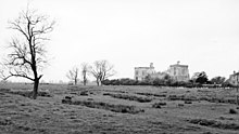 A grassy field with sheep and a stone building in the background.