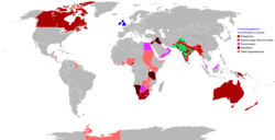 Awon ile agbaye, ti o fi igbakan je ara Ile Obaluaye Britanii. Current British overseas territories are underlined in red.