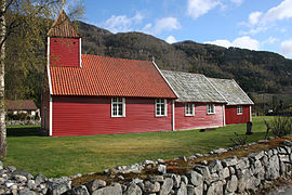 Old Årdal Church (Hjelmeland), long church, log construction, Stavanger renaissance (1620)