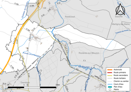 Carte en couleur présentant le réseau hydrographique de la commune