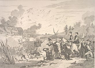 Sepia print shows soldiers advancing from right to left with mountains in the background.