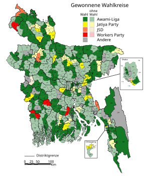 Wahlergebnisse in den Wahlkreisen. In den Wahlkreisen, die in helleren Farben dargestellt sind, fand keine Wahl statt, da nur ein Kandidat antrat. Diese Kandidaten galten automatisch als gewählt.