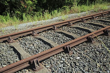 Stuhlschienenoberbau mit Doppelkopfschienen auf Betonschwellen in La Barthé-Avezac, Frankreich