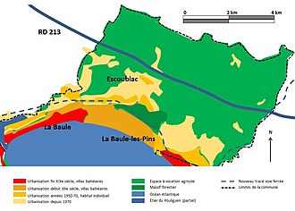 Plan différenciant les différents quartiers d'une ville balnéaire par des aplats de couleur.