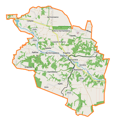 Mapa konturowa gminy Wąwolnica, u góry po lewej znajduje się punkt z opisem „Strychowiec”