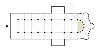 Representação esquemática da planta de uma catedral. A abside é a área sombreada.