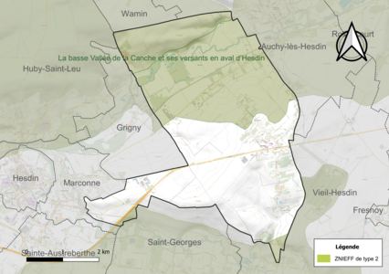 Carte des ZNIEFF de type 2 sur la commune.