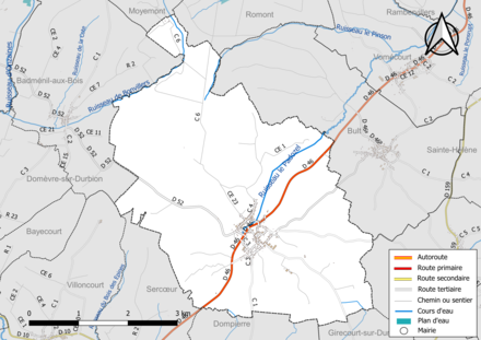 Carte en couleur présentant le réseau hydrographique de la commune