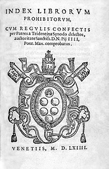 Frontespizio dell'Index Librorum Prohibitorum, o Elenco dei libri proibiti (Venezia, 1564).