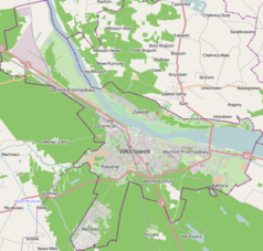 Mapa konturowa Włocławka, u góry nieco na prawo znajduje się punkt z opisem „źródło”, natomiast w centrum znajduje się punkt z opisem „ujście”