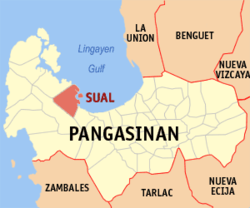 Map of Pangasinan with Sual highlighted