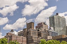 View of the New Yorker and other large buildings from Chelsea, Manhattan. The New Yorker is roughly at the center.