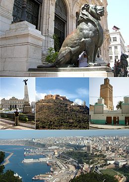 Top, the twa Lions o Atlas (seembol o Oran), Centre, 1st November Place, fort & chapel o Santa Cruz, Bey Othmane mosque, Bottom, general view