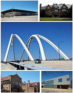 Top: Quad Cities Waterfront Convention Center، Bettendorf House, Middle: I-74 Bridge, Bottom: The Abbey Center, The Family Museum.