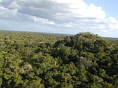 Pirámide del Tigre na ciudá maya d'El Mirador (Petén, Guatemala, preclásicu tardíu, escontra'l 600 e.C. ). Tamién incluyía la pirámide La Danta, anguaño despinta pola selva, un complexu relixosu más grande que la Gran Pirámide de Guiza.