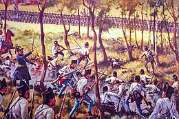 Painting shows white-coated soldiers crossing a stream.