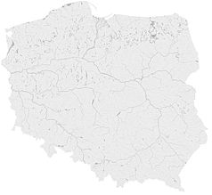 Mapa konturowa Polski, blisko prawej krawędzi u góry znajduje się punkt z opisem „Śluza Tartak”