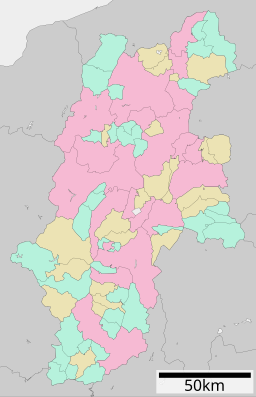 Indelning av Nagano prefektur i städer och kommuner Städer:      Signifikanta städer      Övriga städer Landskommuner:      Köpingar      Byar