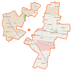 Mapa konturowa gminy wiejskiej Sochaczew, na dole znajduje się punkt z opisem „Bielice”