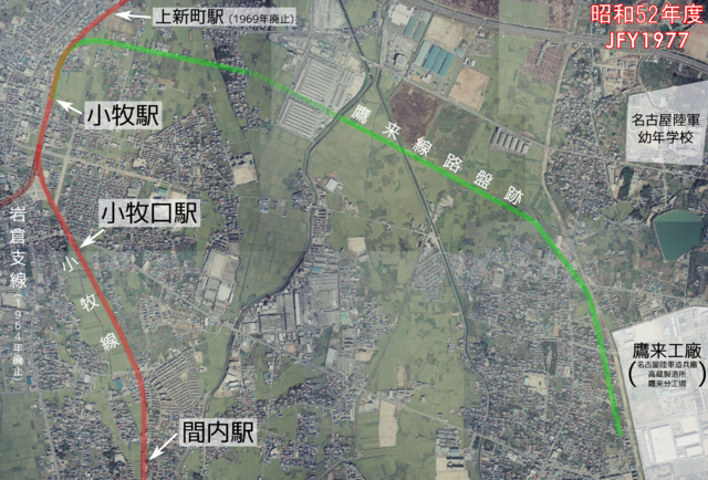 1977年当時の路盤跡。特許を取得できた鷹来線4.4km区間はほぼ完成していた。鳥居松線計画では鷹来工廠からさらに南下して旧勝川線に接続する予定だった。 帰属：国土交通省「国土画像情報（カラー空中写真）」　配布元：国土地理院地図・空中写真閲覧サービス