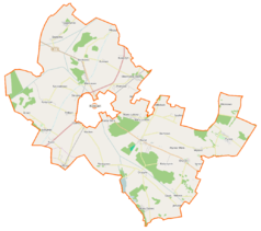 Mapa konturowa gminy wiejskiej Kościan, u góry po lewej znajduje się punkt z opisem „Łagiewniki”