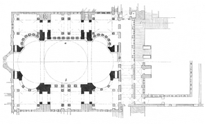 Plan de Sainte-Sophie sous Justinien : a) en haut : plan à l'étage supérieur b) en bas : plan au rez-de-chaussée.