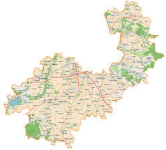 Mapa konturowa powiatu wrocławskiego, po prawej znajduje się punkt z opisem „Wojnowice”