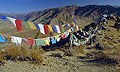 Lungta-style prayer flags hang along a mountain path in Nepal