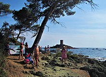 Cliché couleur. En été des peintres sont réunis pour figurer une île.