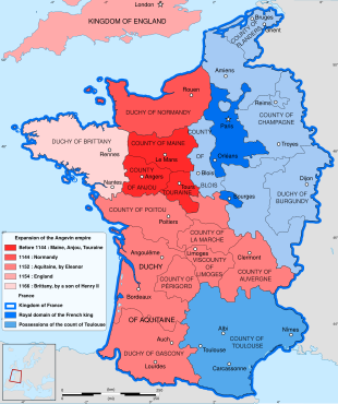 Coloured map showing the Kingdom of France and the lower bits of England. England and much of France are shaded red to signify Angevin dominion; also shown are the non-Angevin parts of France in purple and the County of Toulouse in southeastern France in yellow.